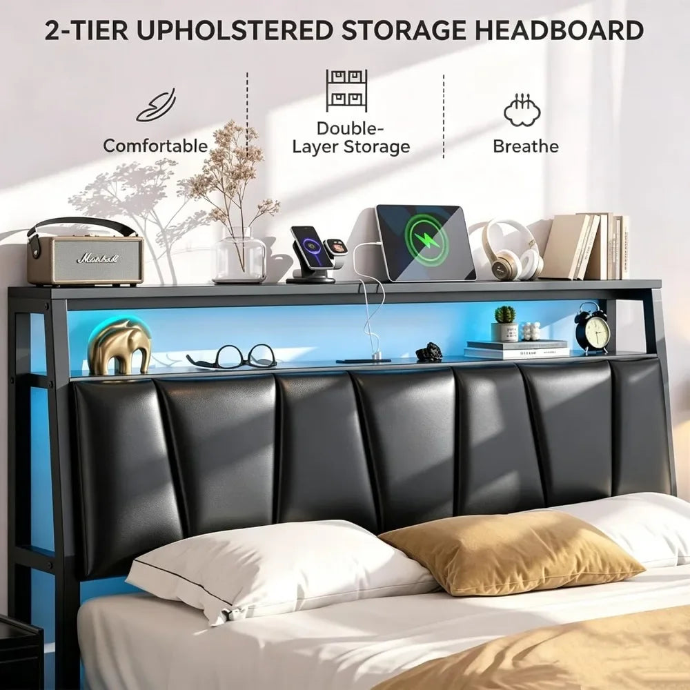 Queen Size Storage Bed Frame with Upholstered Headboard, Drawers, and Integrated Charging Station