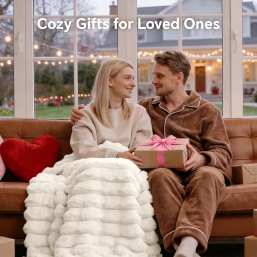 Faux Fur Throw Blanket for Couch, Soft and Cozy Luxurious 3D Striped Fluffy Blanket, 770GSM Thick Warm Plush Fuzzy Faux Rabbit