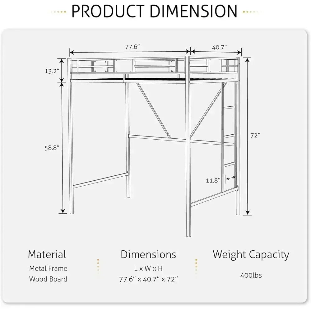 Twin Size Metal Bed Frame with Ladder, Rustic Style, No Box Spring Needed, Space-Saving for Bedrooms or Dorms