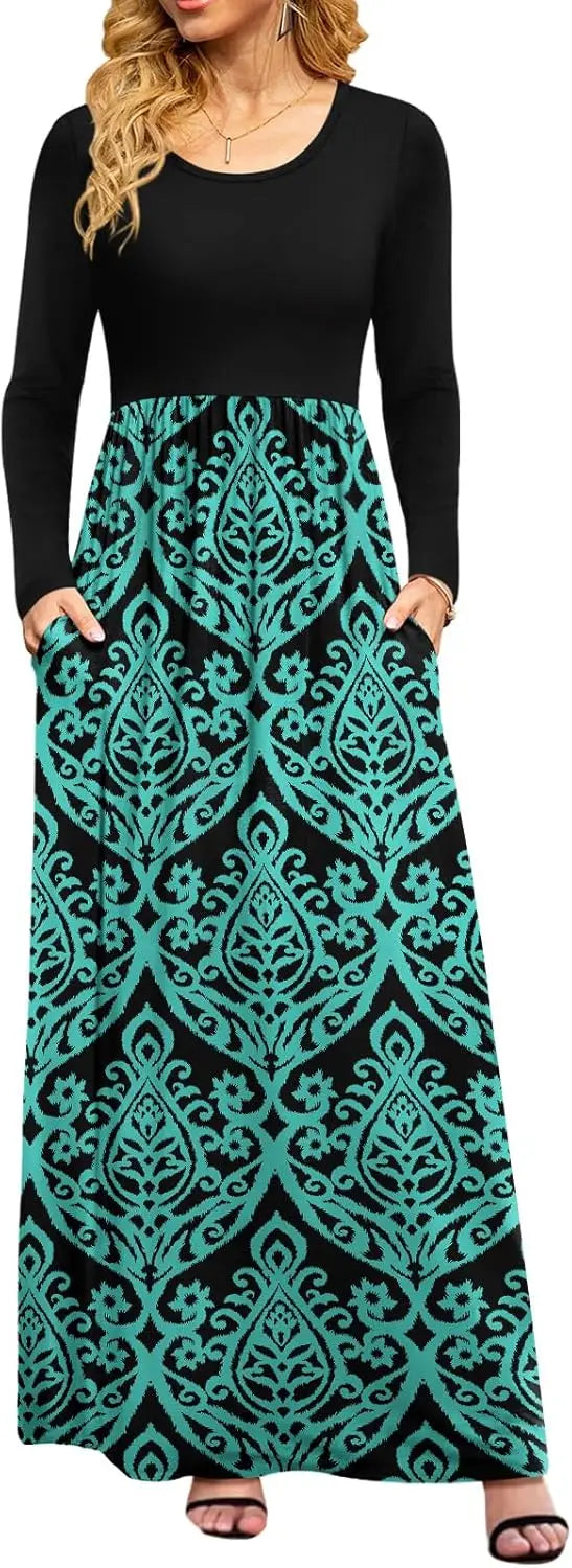 Women Casual Long Sleeve Maxi Dresses Empire Waist Long Dress with Pockets