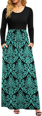 Women Casual Long Sleeve Maxi Dresses Empire Waist Long Dress with Pockets