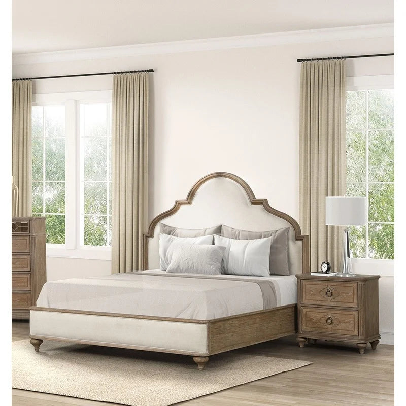 Rustic Oak 3-Piece Eastern King Bed with Nightstands, Solid Wood, Unique Legs, Upholstered Frame, Traditional Design