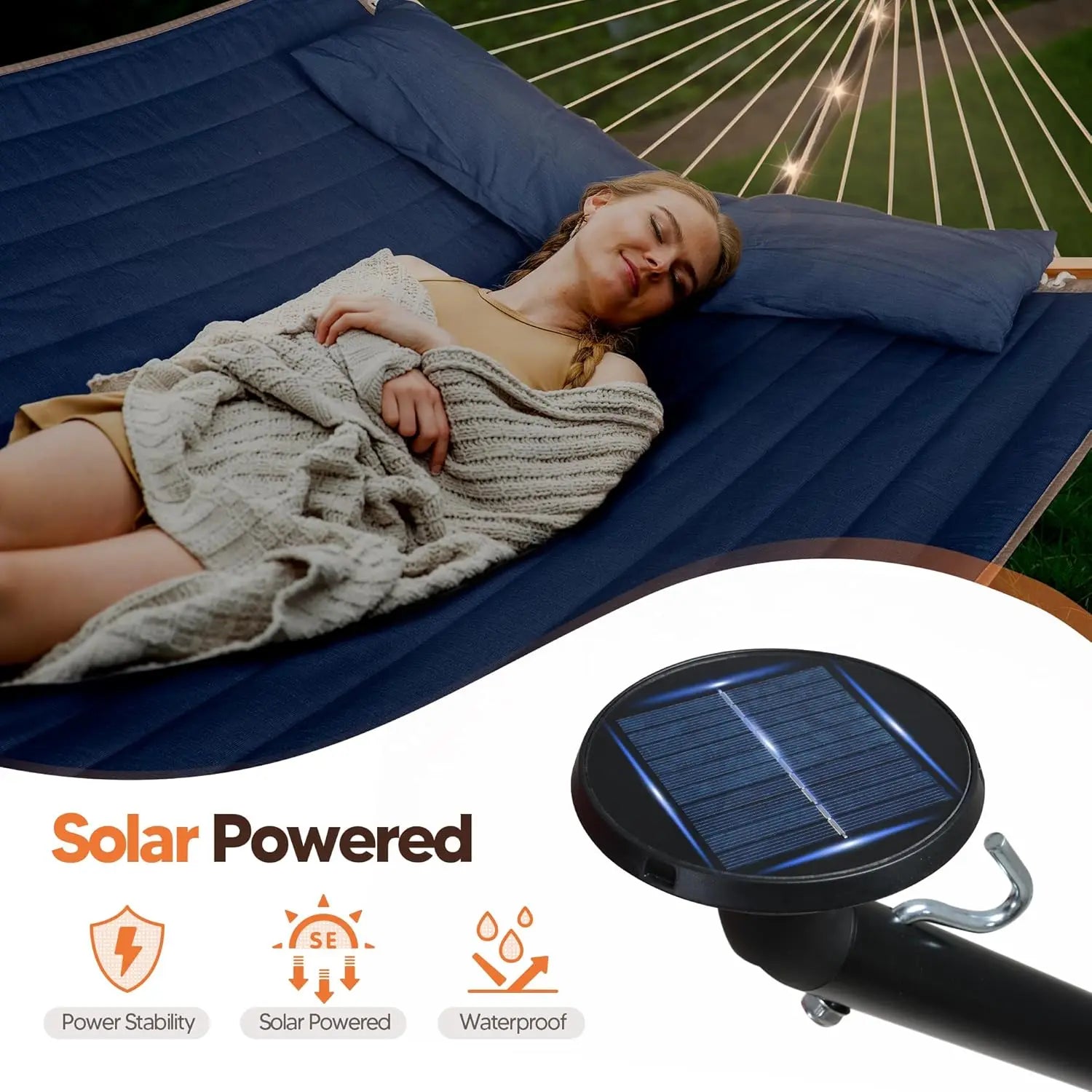 Outdoor 2 Person Hammock with 12 ft Stand and Solar Powered Lights in Dark Blue, Portable