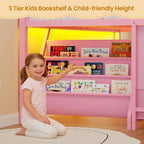 Twin Size Low Loft Bed with 3 Drawers, 3-Tier Bookshelf, 5 Storage Cubbies, 2 LED Lights, Metal Frame with Safety Rail, Inclined