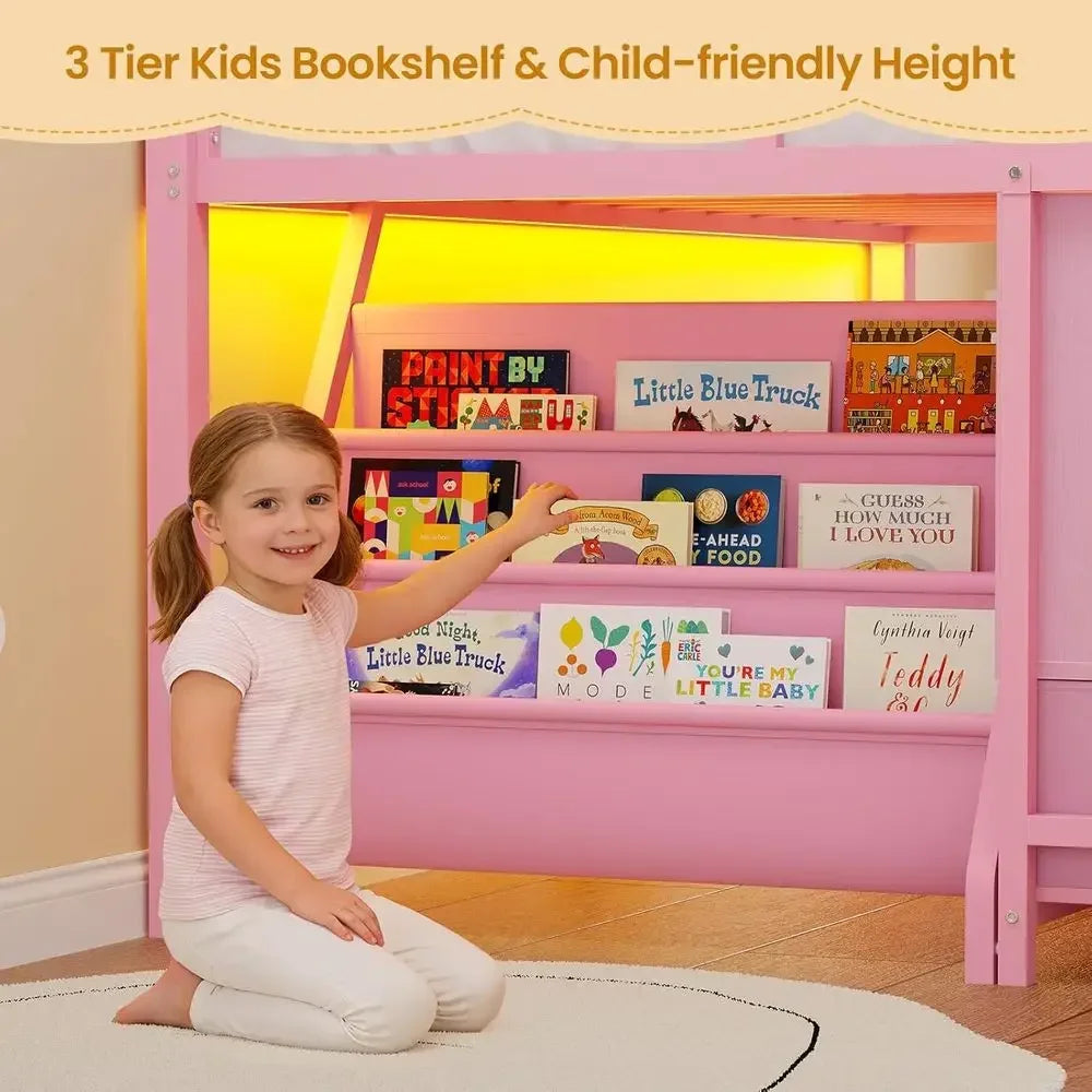 Twin Size Low Loft Bed with 3 Drawers, 3-Tier Bookshelf, 5 Storage Cubbies, 2 LED Lights, Metal Frame with Safety Rail, Inclined