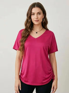 Plus size spring and summer rose pink V-neck drawstring T-shirt loose slimming short sleeve top side drawstring adjustable casual T-shirt