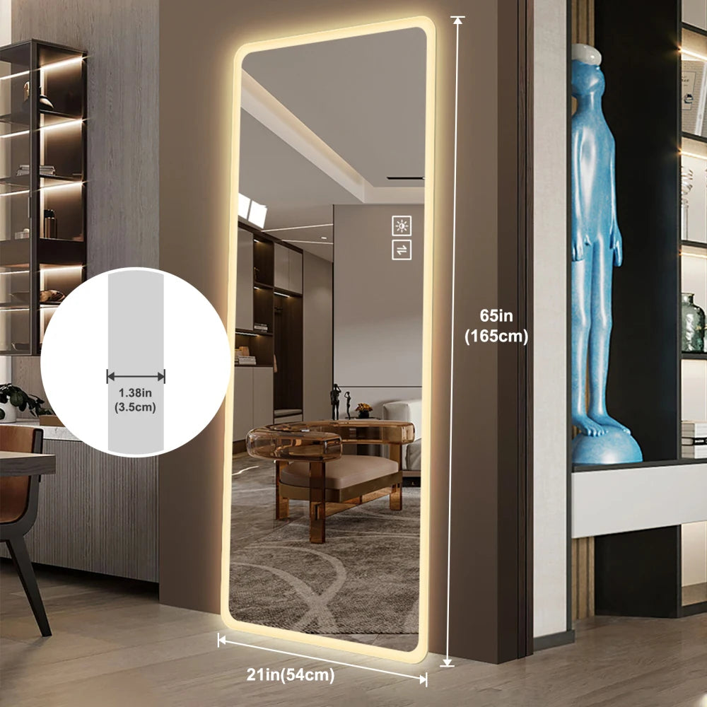 LED Lighted Full Length Vanity Mirror with Rounded Corners, Large Wall Mounted Body Mirror, Illuminated Dressing Mirror for Bedroom Living Room Dressing Room Hotel Decor