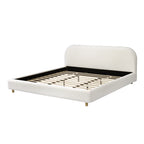 White King Size Upholstered Bed with Curved Headboard and Solid Wood Legs