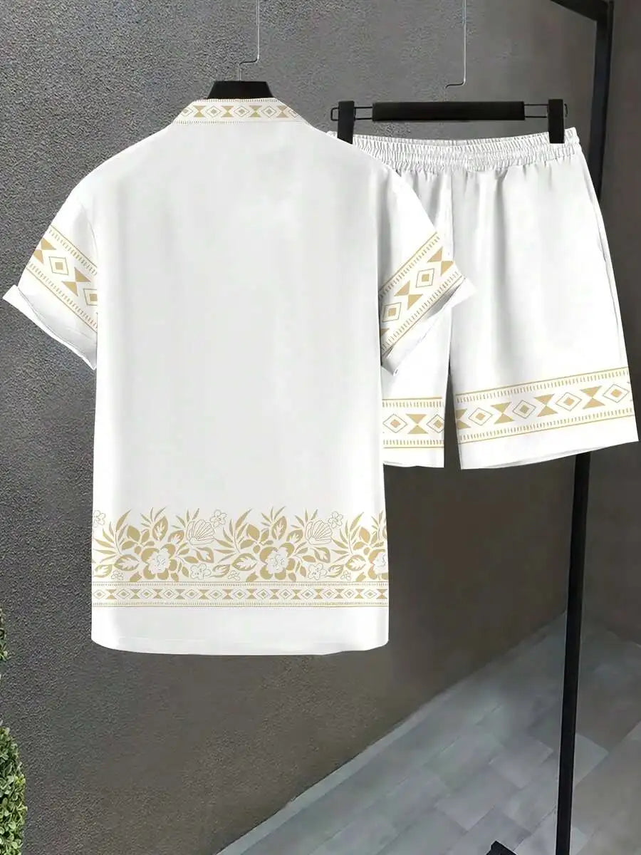 Mens Lapel Shirt And Beach Shorts Set White With Geometric Pattern Casual Summer Outfit