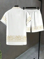 Mens Lapel Shirt And Beach Shorts Set White With Geometric Pattern Casual Summer Outfit