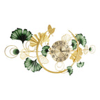 Wall Clock Metal Ginkgo Leaf Decor Large Hanging Silent Art Clock 100x50cm Modern Living Room Decorative Clock for Bedroom Office Hotel Restaurant Cafe Entrance Handmade Iron Large Wall Art Gold Green Elegant Gift