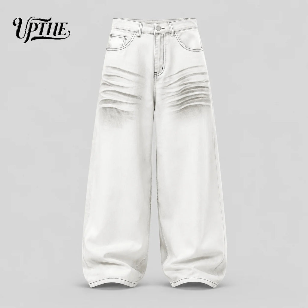 UP.THE Men White Gradient Washed Crinkle Baggy Wide Leg Jeans, Y2K Oversized Loose Distressed Denim Pants, Grunge Streetwear Trousers for Daily Outfits