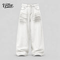 UP.THE Men White Gradient Washed Crinkle Baggy Wide Leg Jeans, Y2K Oversized Loose Distressed Denim Pants, Grunge Streetwear Trousers for Daily Outfits