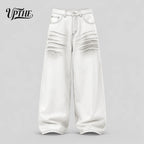 UP.THE Men White Gradient Washed Crinkle Baggy Wide Leg Jeans, Y2K Oversized Loose Distressed Denim Pants, Grunge Streetwear Trousers for Daily Outfits