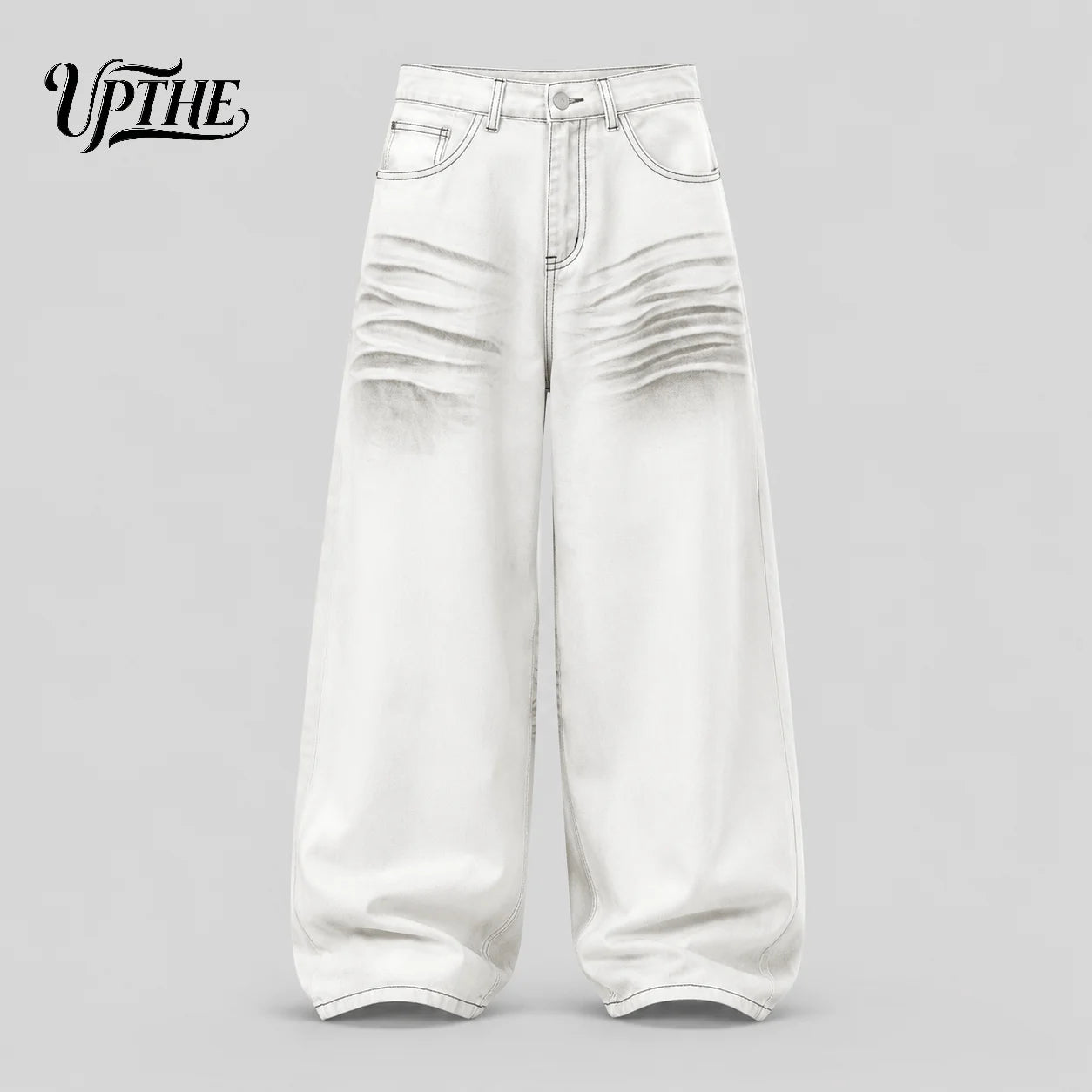 UP.THE Men White Gradient Washed Crinkle Baggy Wide Leg Jeans, Y2K Oversized Loose Distressed Denim Pants, Grunge Streetwear Trousers for Daily Outfits