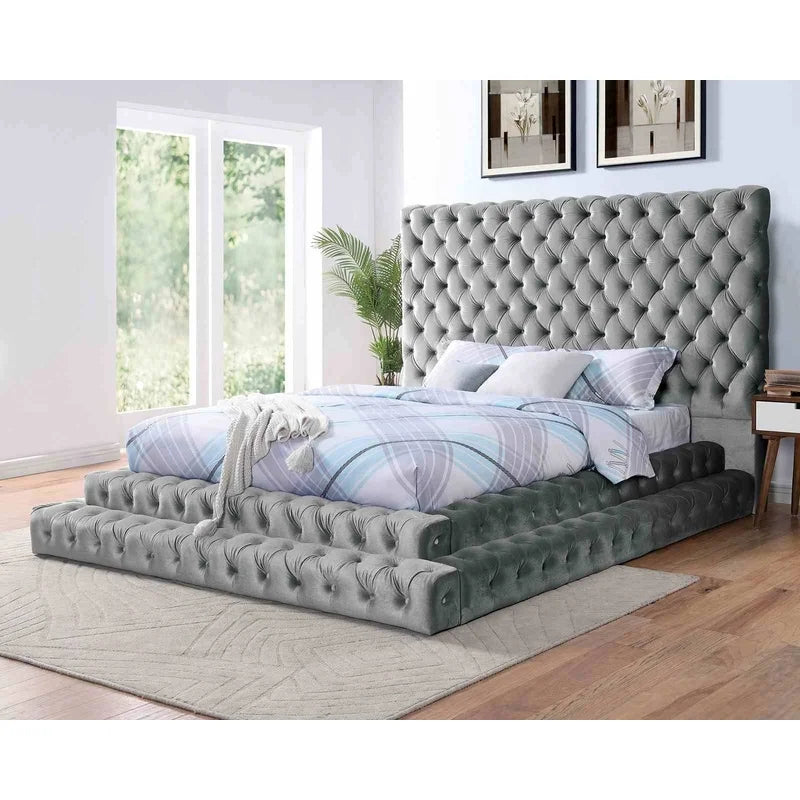 Gray King Size Platform Bed with Tufted Headboard, Modern Upholstered Frame, Contemporary Bedroom Furniture