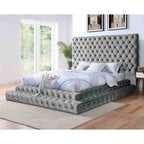 Gray King Size Platform Bed with Tufted Headboard, Modern Upholstered Frame, Contemporary Bedroom Furniture