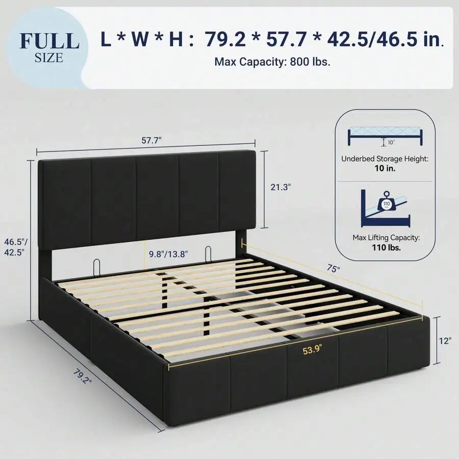 Full/Queen/King Size Velvet Lift Up Storage Bed Frame, Vertical Channel Tufted Headboard, Hydrualic Underneath Storage, Upholstered Platform Bed, Wooden Slats Support, No Box Spring Needed, Black