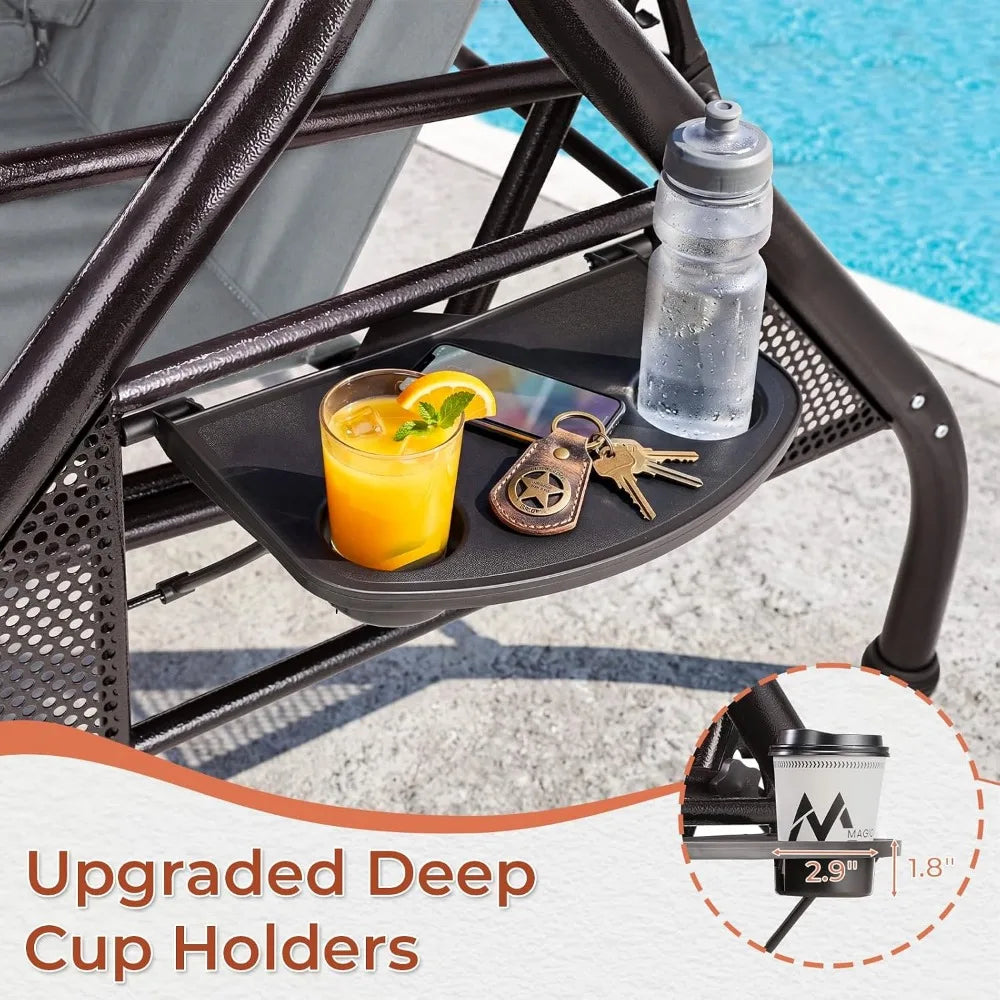 Adjustable Canopy Porch Swing, 800 lbs Capacity, 3-Seat with Cup Holder and Cushions, Ideal for Yard or Garden, Grey
