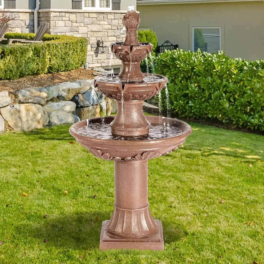 3-Tier Outdoor Waterfall Fountain with Pump and Leaf Carving for Garden, Patio, or Backyard (Brown)