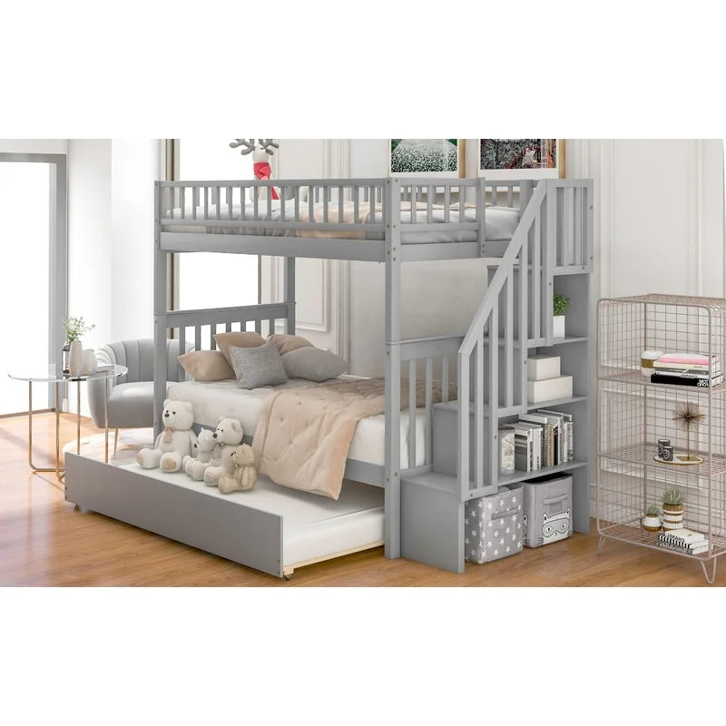 Gray Twin Over Twin Bunk Bed with Trundle and Storage