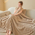 1PC Double-Sided Faux Rabbit Fur Blanket, Luxury Striped Flannel Throw, Soft Warm Polyester Bed Cover, Multi-use for Nap Office Camping Sofa, Ideal Christmas Gift