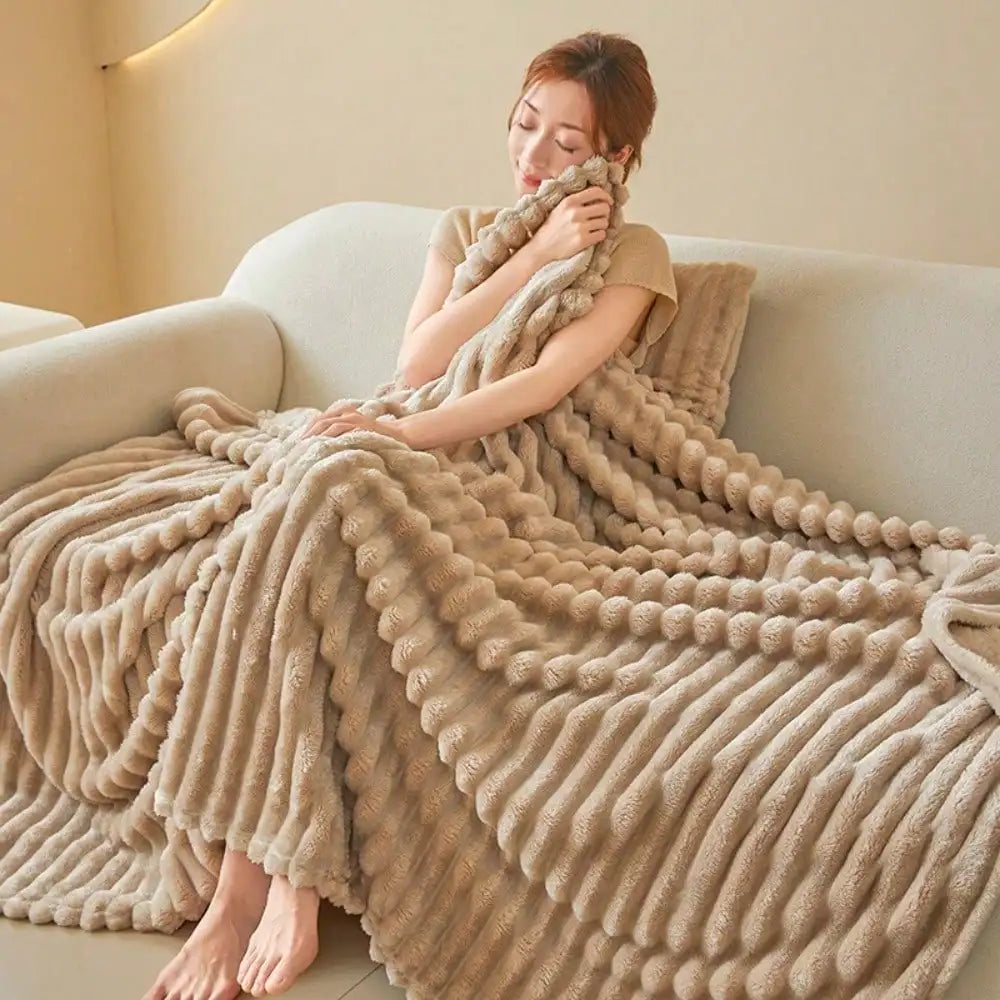1PC Double-Sided Faux Rabbit Fur Blanket, Luxury Striped Flannel Throw, Soft Warm Polyester Bed Cover, Multi-use for Nap Office Camping Sofa, Ideal Christmas Gift