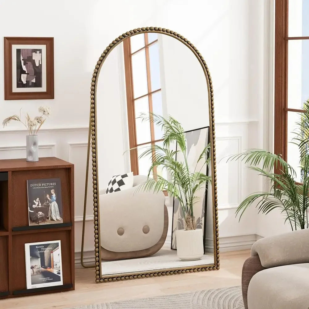 65 x 35 Arched Vintage Floor Mirror with Stand, Elegant Gold-Toned Full-Length Mirror for Living Room, Bedroom, or Dining Area
