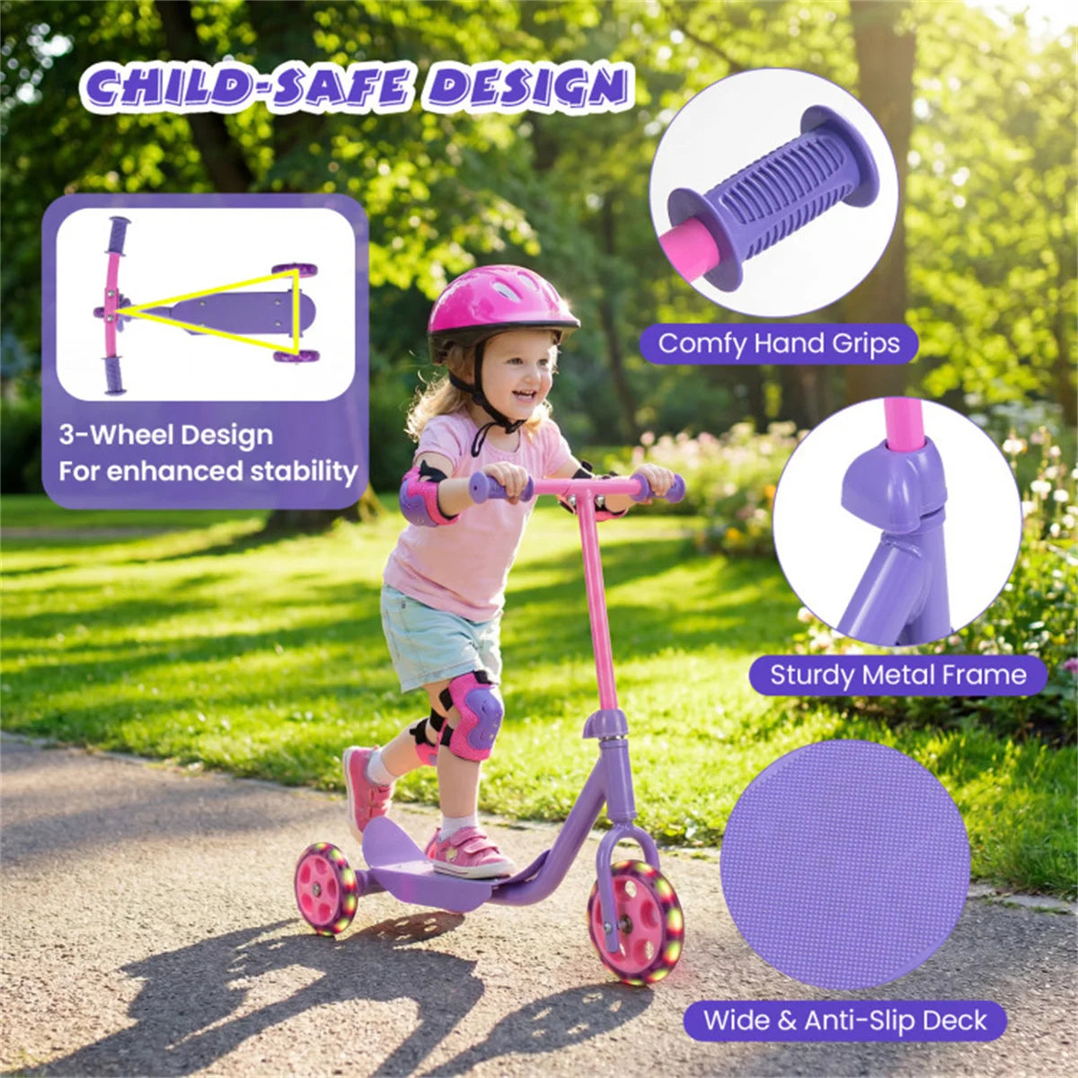 3-Wheel Toddler Scooter with LED Light-Up Wheels for Beginners Age 2+