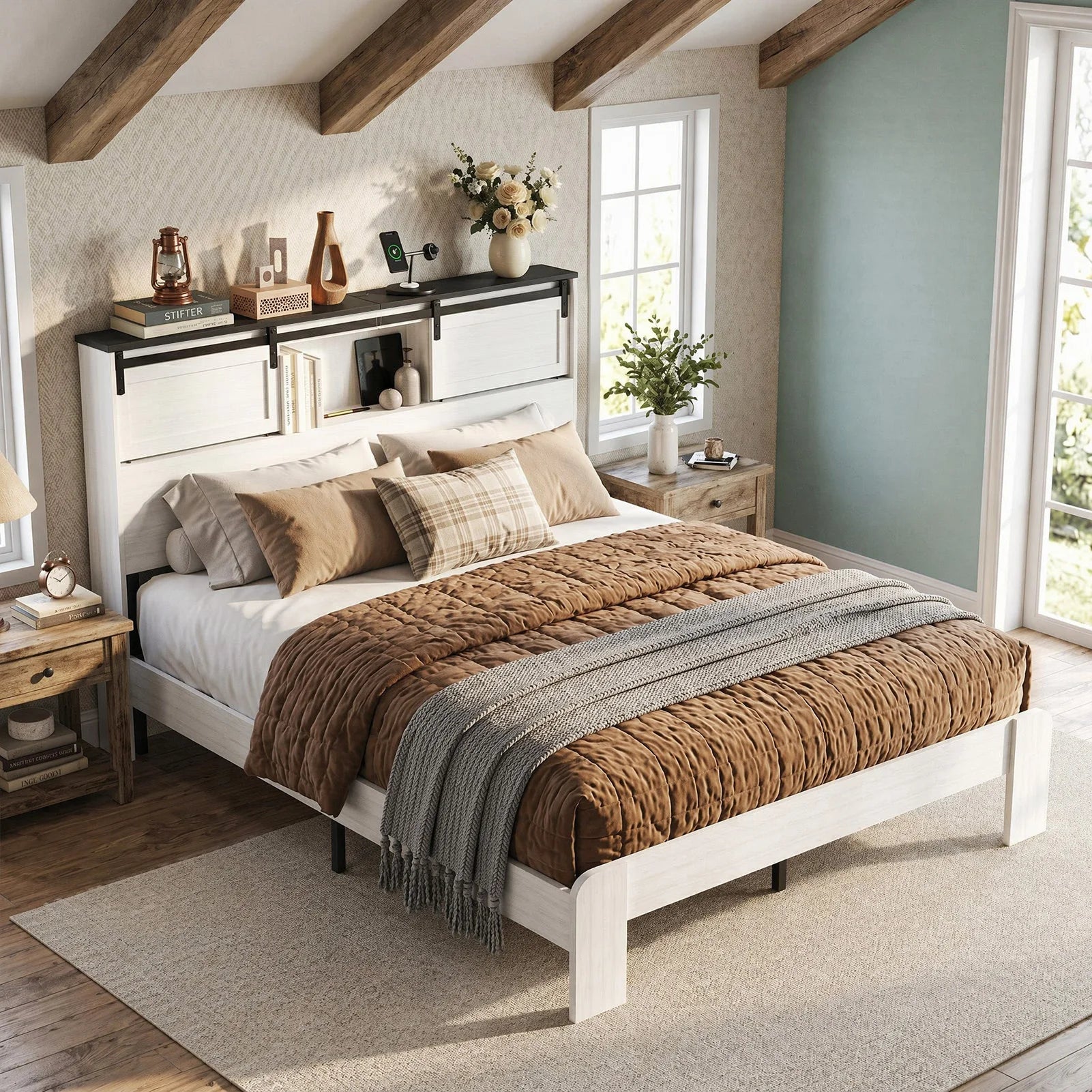 Portable Farmhouse Queen Size Bed Frame with Storage Headboard Barn Door Charging Station Wood Slats No Box Spring Needed White