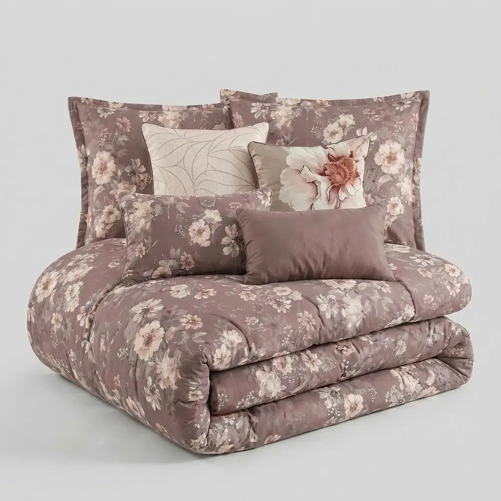 King Size 7-Piece Mauve Botanical Bedding Set