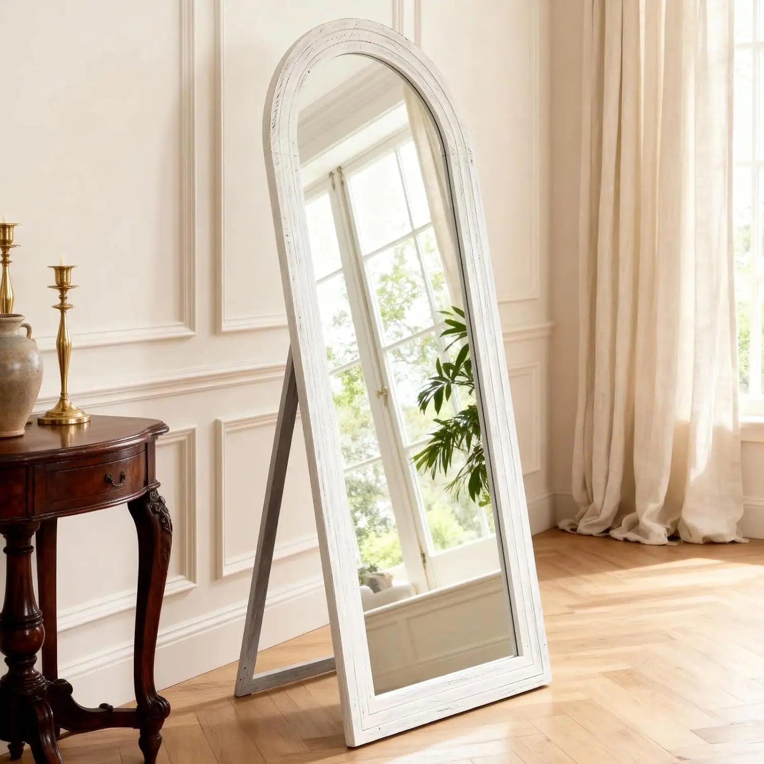 Arched Full Length Mirror 65"x22" Long Vintage Wood Floor Length Mirror with Stand Brown, Customized