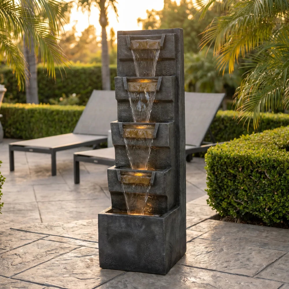 39.4" Outdoor Water Fountain, Tall 4-Tier Cascading Waterfall Fountain with Warm LED Lights, Stone-Look Resin Water Feature with Quiet Pump for Patio Garden Porch Entryway Backyard Decor