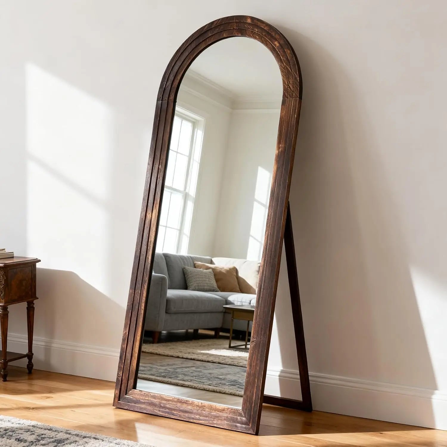 Arched Full Length Mirror 65"x22" Long Vintage Wood Floor Length Mirror with Stand Brown, Customized