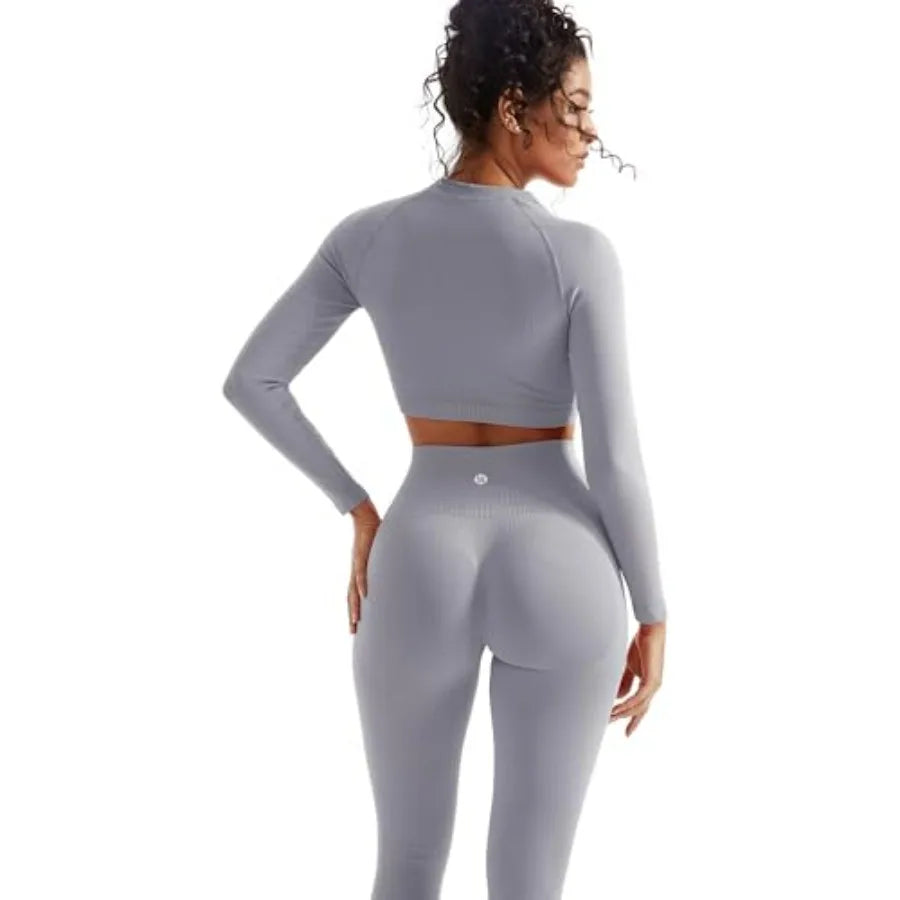 SUUKSESS Women 2 Pcs Workout Sets Hidden Scrunch Hip Lifting Seamless Leggings Long Sleeve Yoga Crop Tops