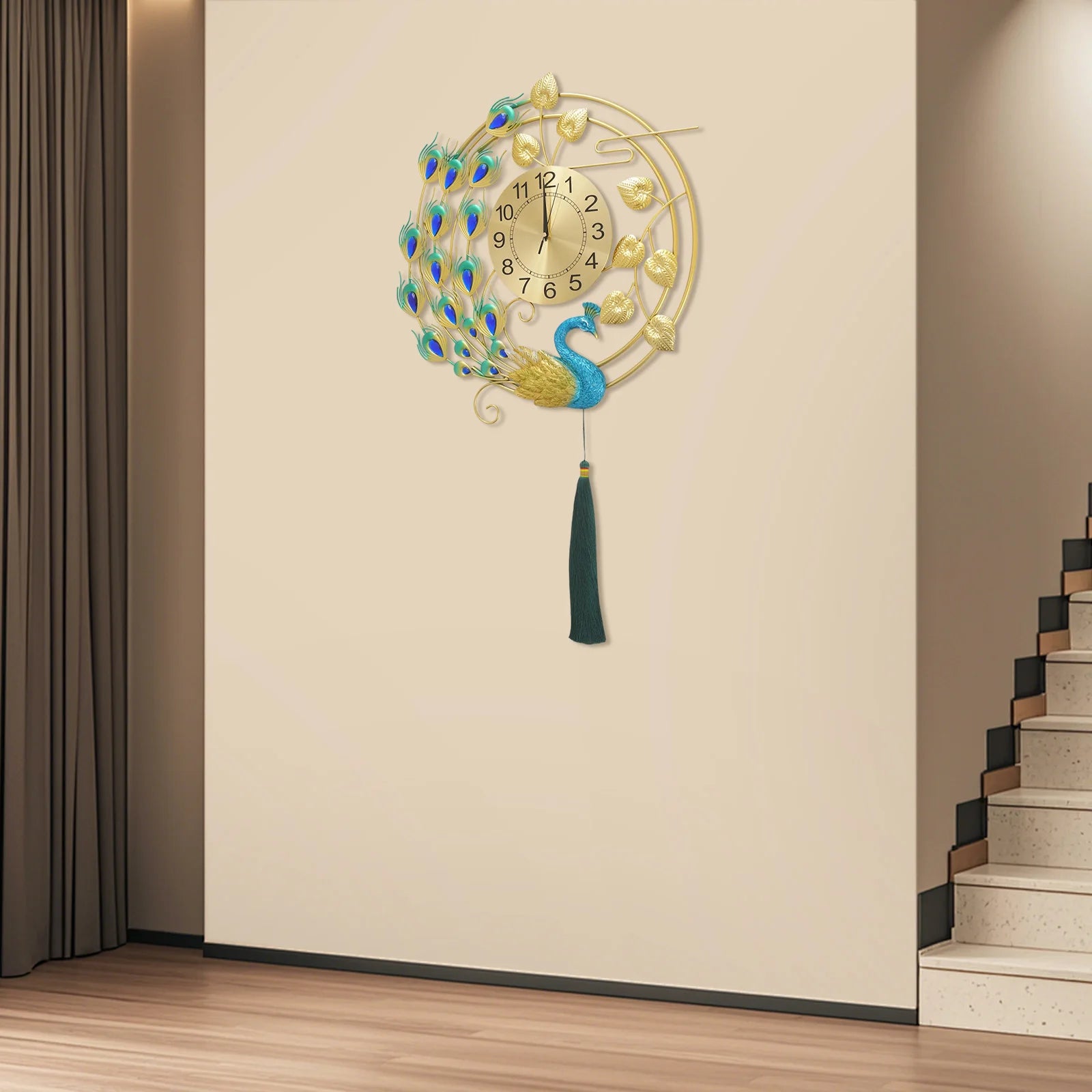 Luxury Large Peacock Wall Clock Silent Quartz Golden Blue Art Decor for Living Room Bedroom Office Unique Gift Home Kitchen Cafe Bar Resin Metal 58cm