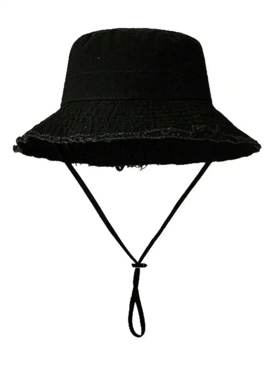 1pc Women's Drawstring Fringed Bucket Hat, Soft Fabric Windproof Sunscreen, Holiday/Mother's Day Gift, Suitable For Hiking,