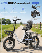 Spacewalk Electric Trike for Adults 1200W Peak Motor, 48V 15Ah Fat Tire 3 Wheel Electric Bike, 60 Miles Long Range Folding Cargo E Bike with Rear Basket, Adjustable Backrest Seat for Seniors-White