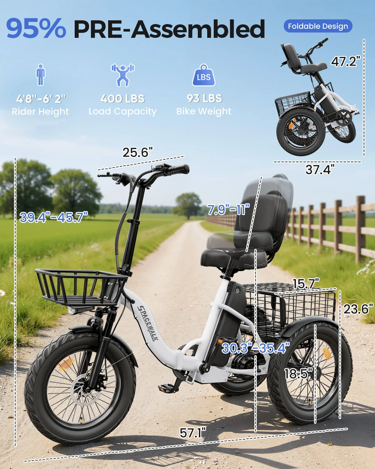 Spacewalk Electric Trike for Adults 1200W Peak Motor, 48V 15Ah Fat Tire 3 Wheel Electric Bike, 60 Miles Long Range Folding Cargo E Bike with Rear Basket, Adjustable Backrest Seat for Seniors-White