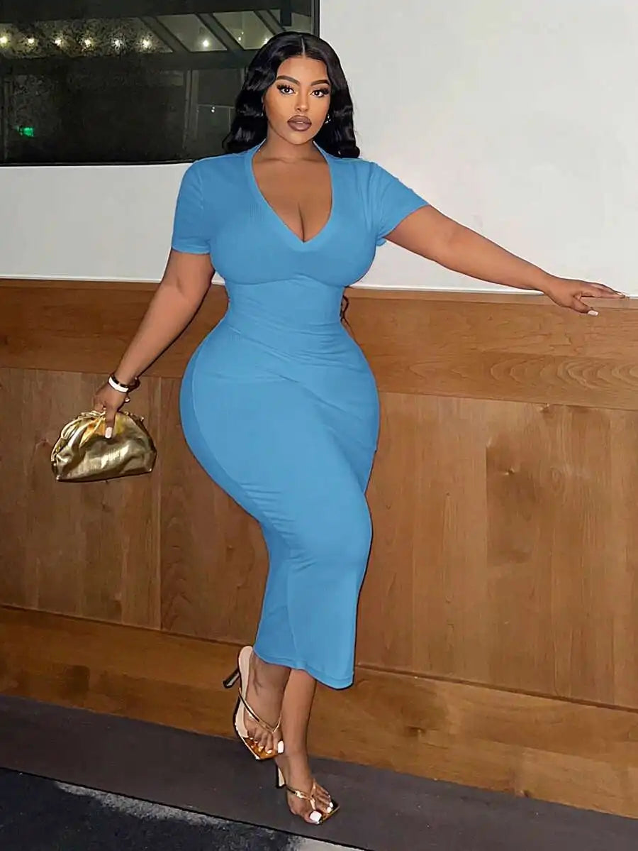 Women Plus Size V-Neck Short Sleeve Bodycon Midi Dress