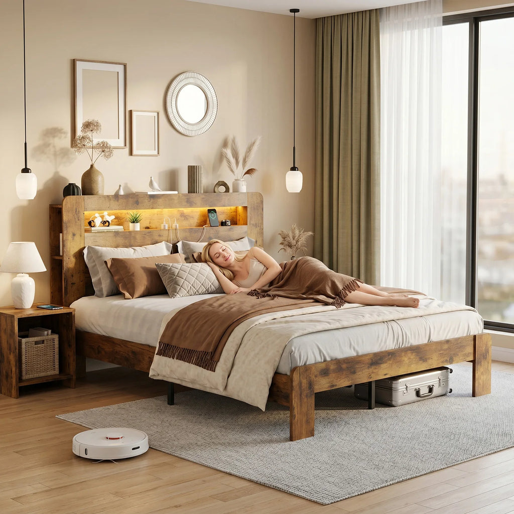 Portable Queen Size Bed Frame with Storage Headboard Platform Bed Frame with Charging Station LED Light Easy Assembly No Box