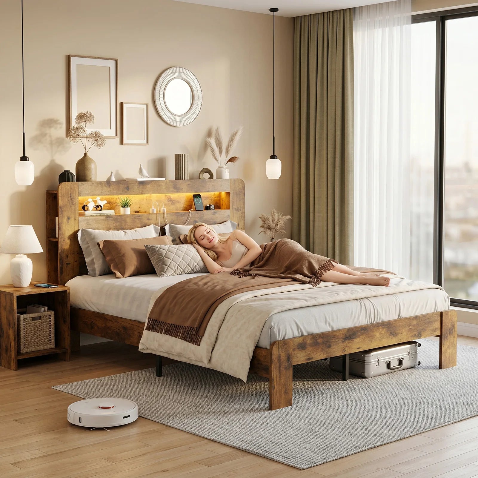 Portable Queen Size Bed Frame with Storage Headboard Platform Bed Frame with Charging Station LED Light Easy Assembly No Box