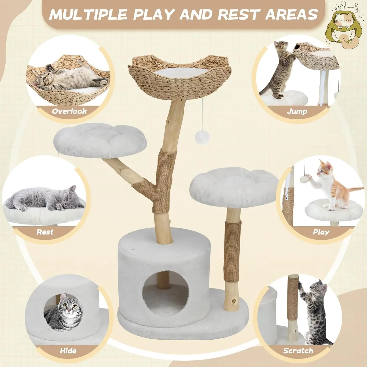 Indoor Use, Solid Wood Material, Boho Color Scheme, Luxury Multi - Level Cat Furniture with Condo and Basket