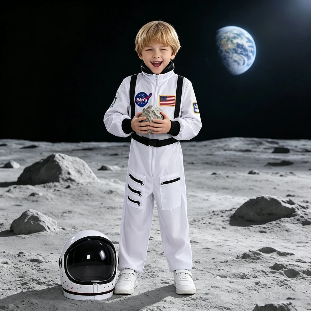Kids White Astronaut Jumpsuit Space Flight Suit Boys Girls Cosplay Costume Halloween School Stage Role Play Spaceman Outfits