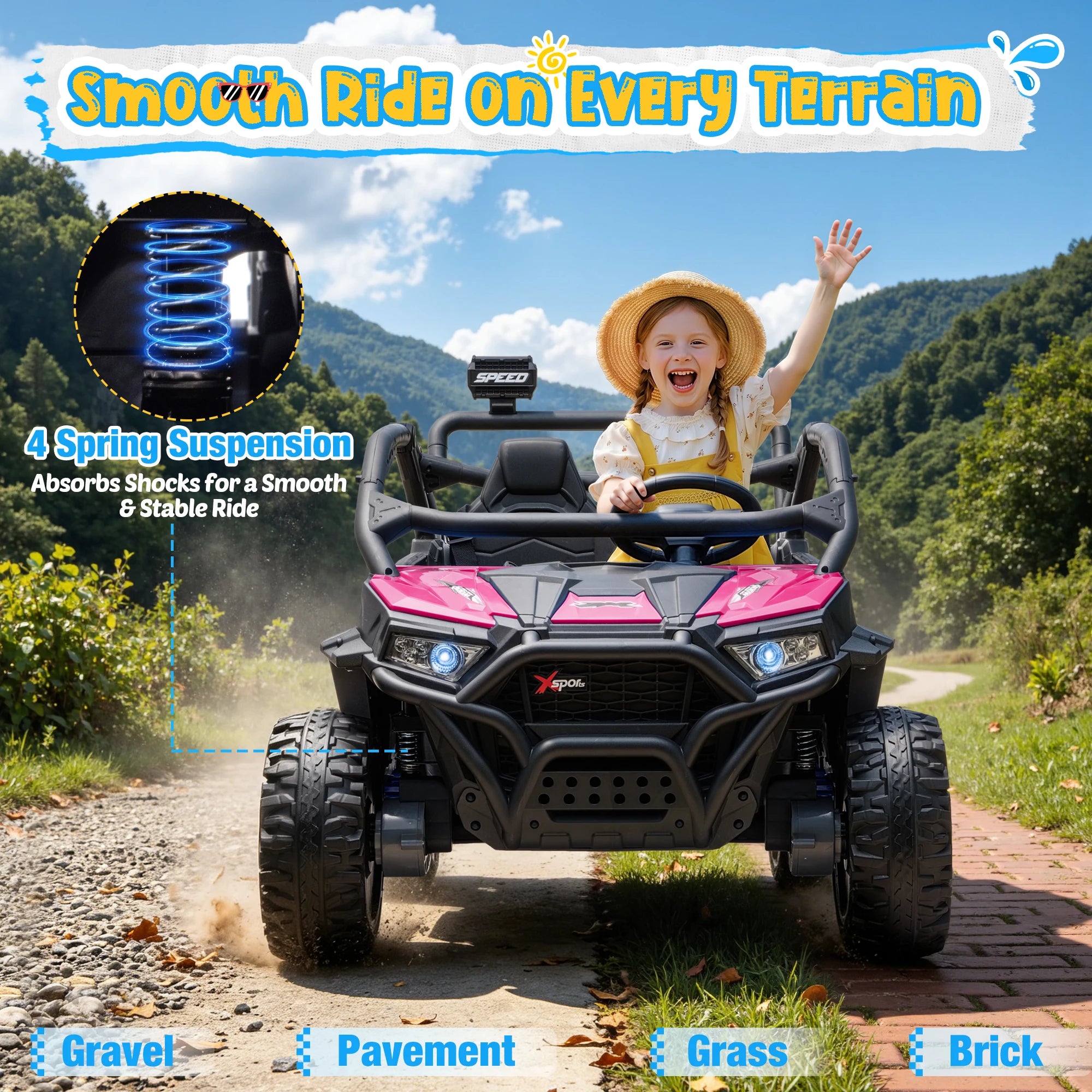 Joyracer 24V 4WD Kids Ride-On UTV, 4-Wheel Shock Absorption, Key Start, Slow Start, Music And LED Lights, 60-80 Mins Ride Time