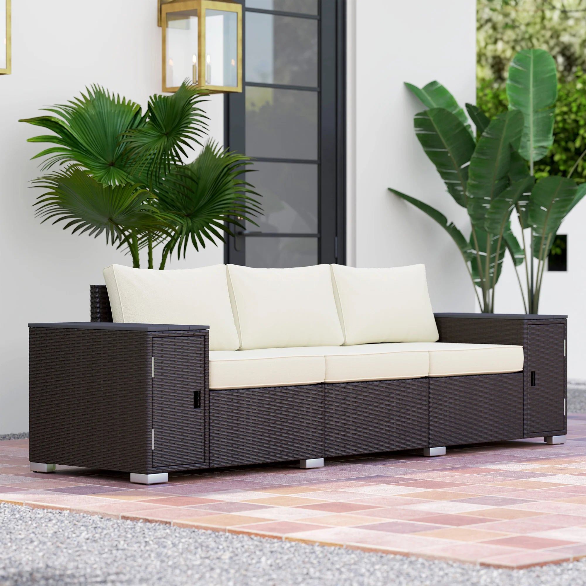 Wicker Outdoor Couch with Storage, Thickened Cushions, 3 Seater Patio Sofa with Wide Armrests and Seat for Porch, Garden, Yard, Cream White
