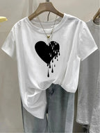 2026 Women Korean Japanese Style White with Black Drip Heart Print Harajuku Short Sleeve Casual Clothing Aesthetic Clothes