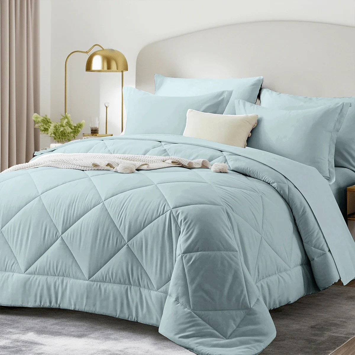 5/7 Piece Solid Color Bed Comforter Set Queen, Creative Geometric Pattern Design, Soft And Comfortable Summer Bedding Set