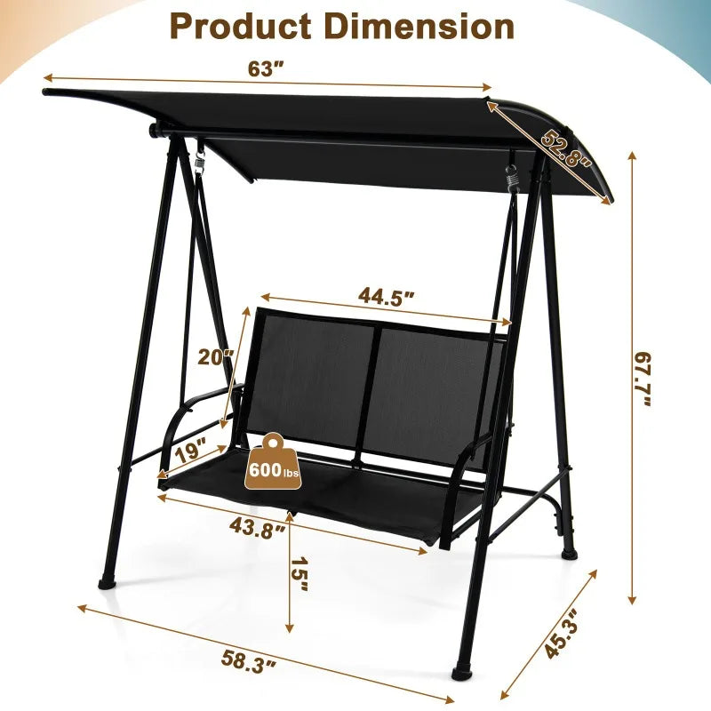 2-Seat Patio Swing Porch Swing w/ Adjustable Canopy for Garden Black Outdoor Furniture