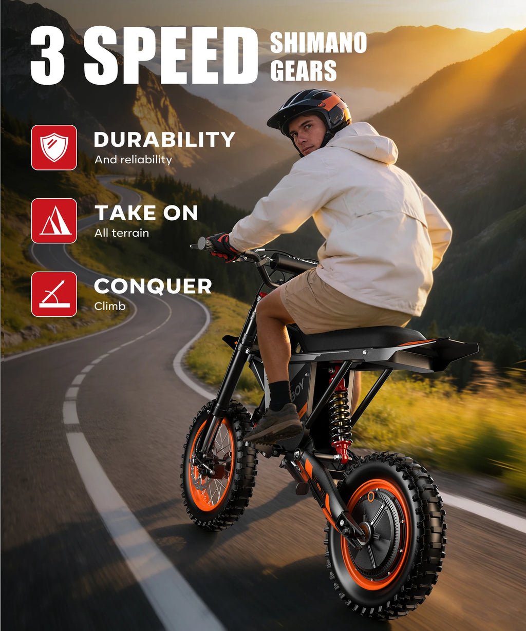Y66 FREEBOY Adult Electric Dirt Bike 2000W Rear Motor 48V 22.5Ah Battery 34MPH Max Speed 12"+10" All Terrain Fat Tire Off Road Electric Motorcycle Hydraulic Disc Brake Electric Motorbike for Outdoor Mountain Trail Riding